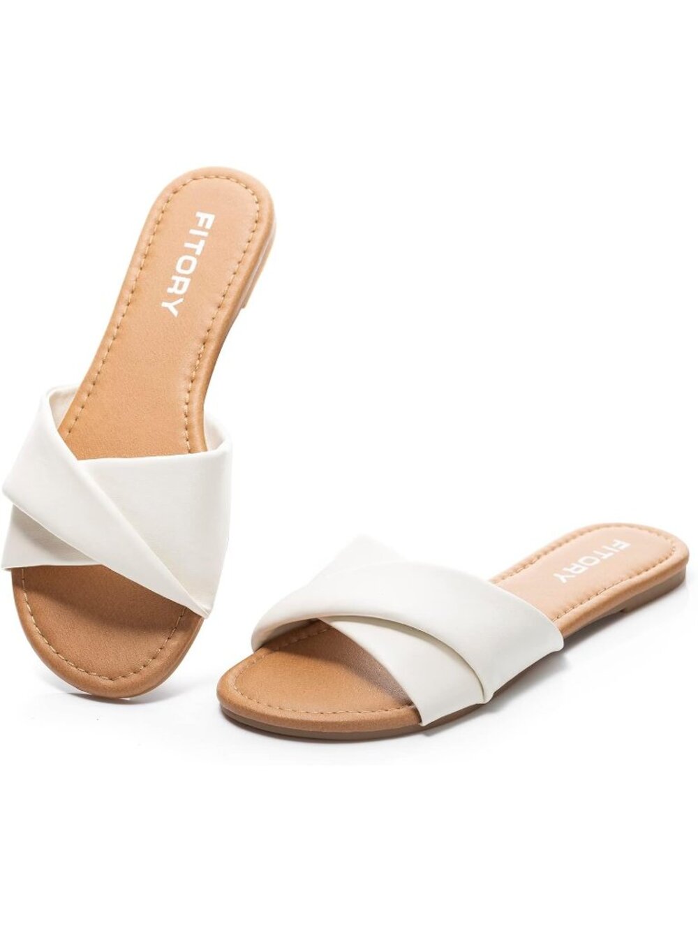 Women's White Open Toe Soft Leather Fashion Slides Casual Flat Sandal Shoes